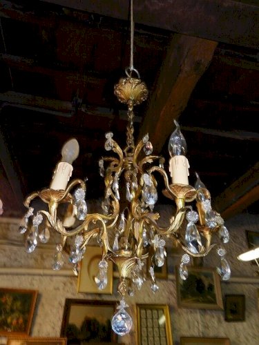 LUSTRE A PAMPILLES 5 AMPOULES EN CRISTAL ET BRONZE N 17