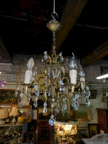 LUSTRE A PAMPILLES 5 AMPOULES EN CRISTAL ET BRONZE N 17