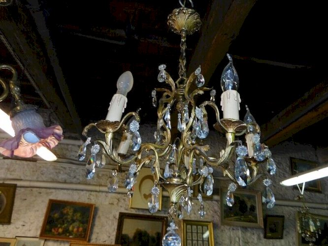 LUSTRE A PAMPILLES 5 AMPOULES EN CRISTAL ET BRONZE N 17