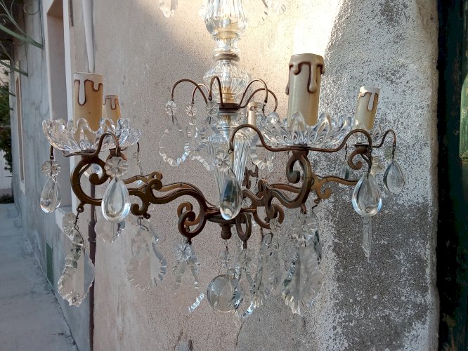  Lustre à pampilles – Cristal et bronze, 5 lumières