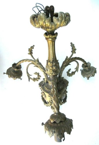 Lustre bronze Napoléon III 3 feux + 3 Roses, guirlandes, style Louis XV et XVI