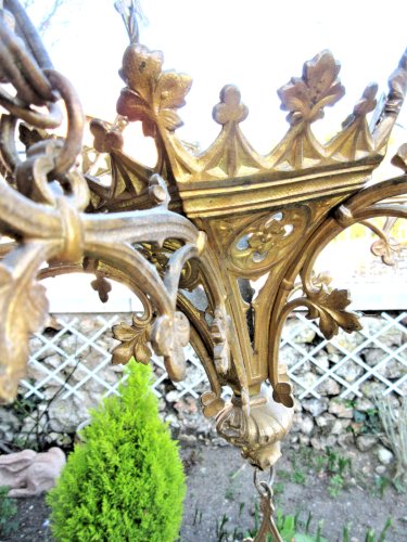 Lustre d'église XIXème Renaissance en bronze, chandelier à 6 feux,  Napoléon III