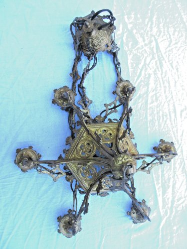 Lustre d'église XIXème Renaissance en bronze, chandelier à 6 feux,  Napoléon III