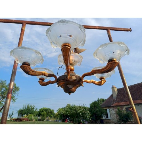 Lustre des Années 60 Métal Cuivré Verre moulé