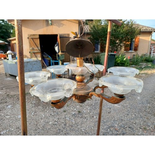 Lustre des Années 60 Métal Cuivré Verre moulé