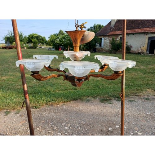 Lustre des Années 60 Métal Cuivré Verre moulé