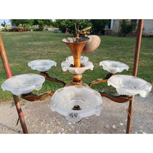 Lustre des Années 60 Métal Cuivré Verre moulé