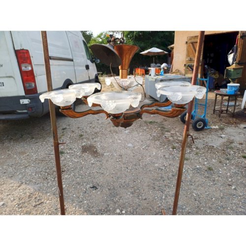 Lustre des Années 60 Métal Cuivré Verre moulé