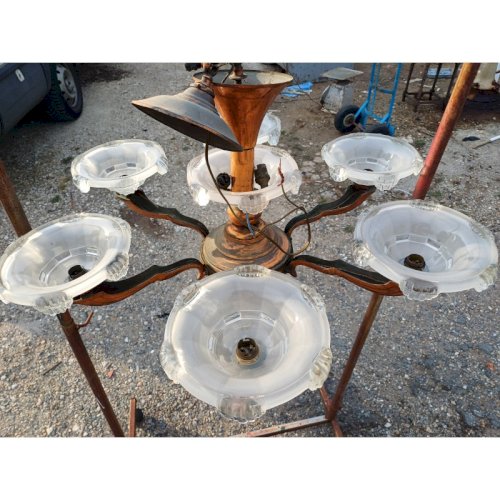 Lustre des Années 60 Métal Cuivré Verre moulé