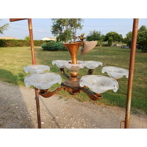 Lustre des Années 60 Métal Cuivré Verre moulé