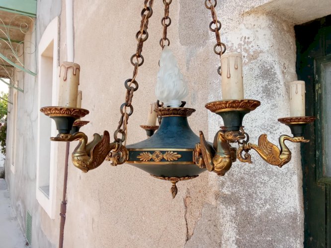 lustre empire d'époque napoléon iii en bronze doré et patine brune