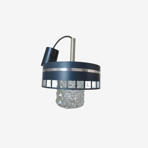 LUSTRE, LAMPE, SUSPENSION METAL LAQUE ET VERRE TEXTURE ANNEES 60 70 VINTAGE 