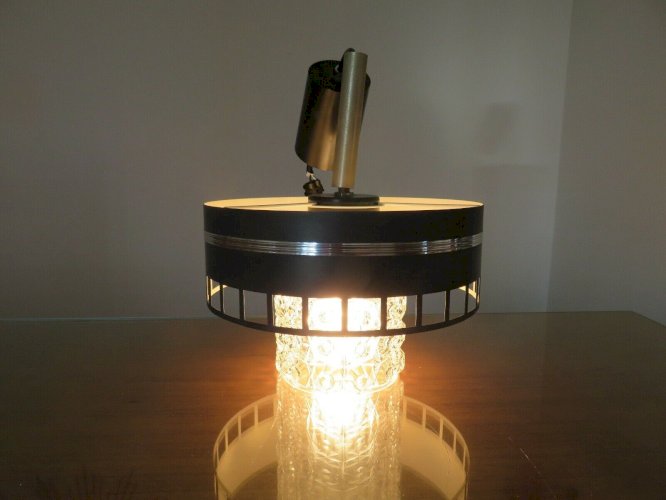 LUSTRE, LAMPE, SUSPENSION METAL LAQUE ET VERRE TEXTURE ANNEES 60 70 VINTAGE 