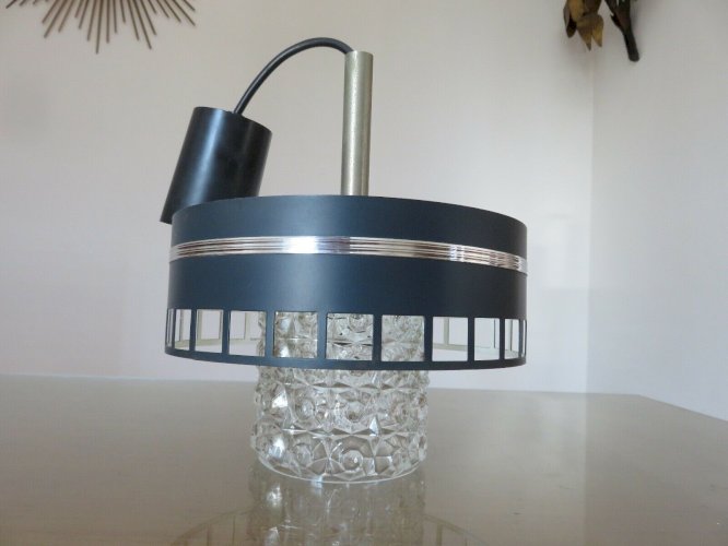 LUSTRE, LAMPE, SUSPENSION METAL LAQUE ET VERRE TEXTURE ANNEES 60 70 VINTAGE 