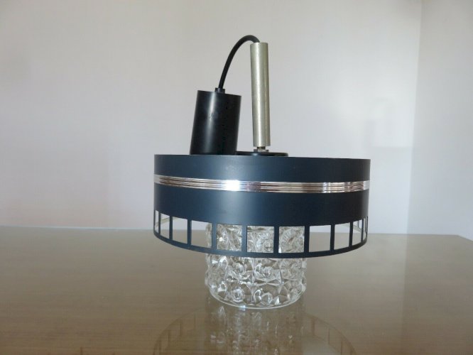 LUSTRE, LAMPE, SUSPENSION METAL LAQUE ET VERRE TEXTURE ANNEES 60 70 VINTAGE 