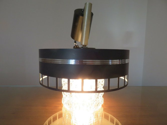 LUSTRE, LAMPE, SUSPENSION METAL LAQUE ET VERRE TEXTURE ANNEES 60 70 VINTAGE 