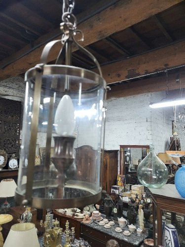 LUSTRE PETITE LANTERNE 2 AMPOULES EN LAITON ET VERRE N35