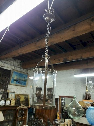 LUSTRE PETITE LANTERNE 2 AMPOULES EN LAITON ET VERRE N35