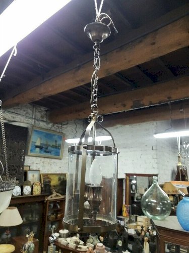 LUSTRE PETITE LANTERNE 2 AMPOULES EN LAITON ET VERRE N35