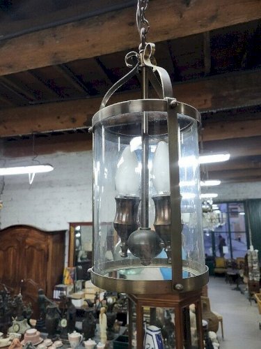 LUSTRE PETITE LANTERNE 2 AMPOULES EN LAITON ET VERRE N35
