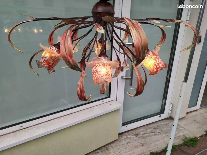 Lustre plafonnier rose fleurs verre soufflé floral