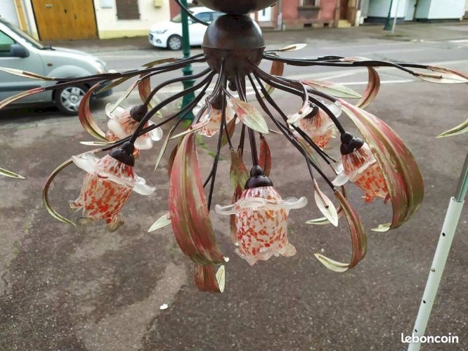 Lustre plafonnier rose fleurs verre soufflé floral