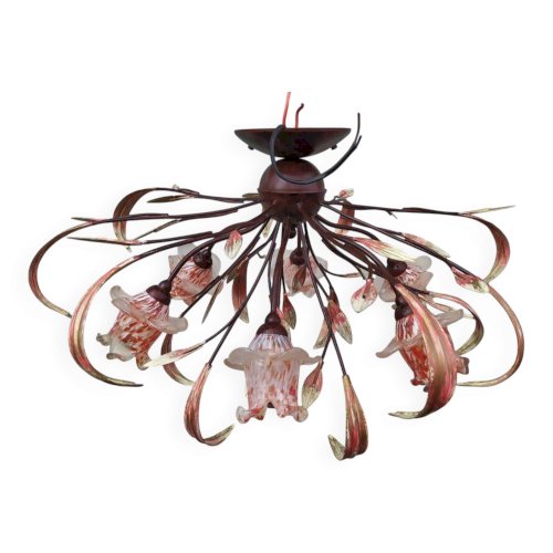 Lustre plafonnier rose fleurs verre soufflé floral