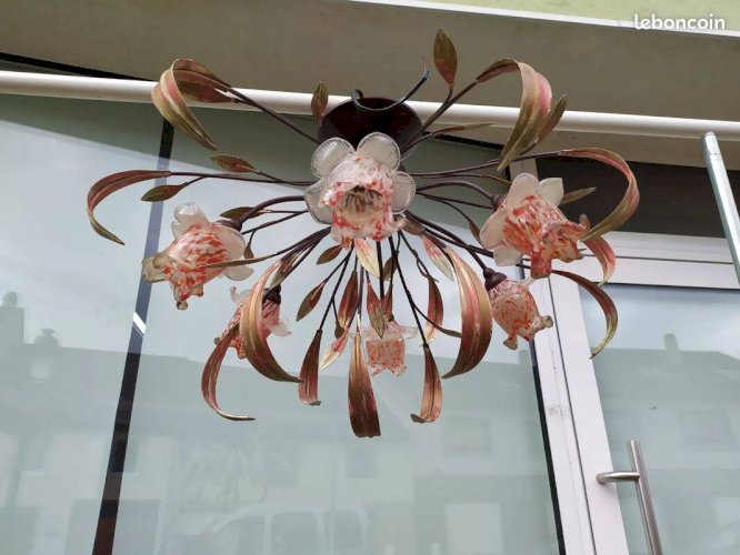 Lustre plafonnier rose fleurs verre soufflé floral