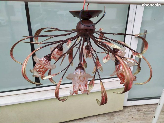 Lustre plafonnier rose fleurs verre soufflé floral