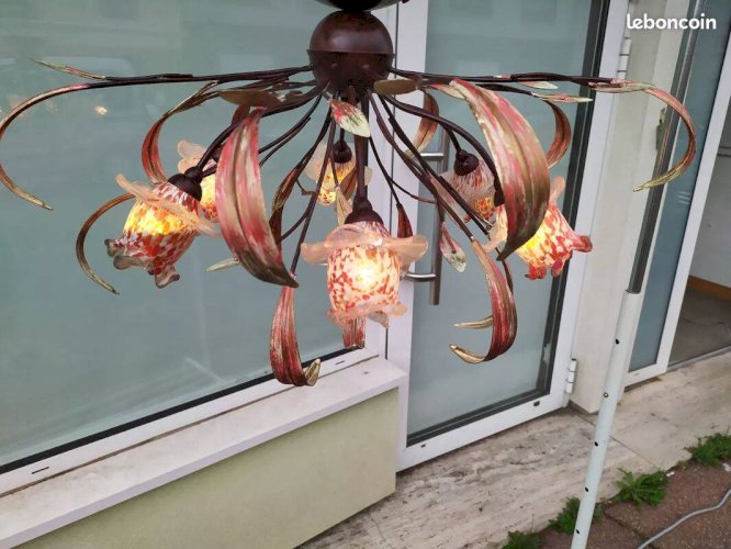 Lustre plafonnier rose fleurs verre soufflé floral