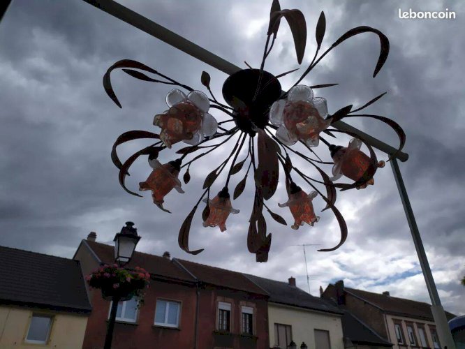 Lustre plafonnier rose fleurs verre soufflé floral