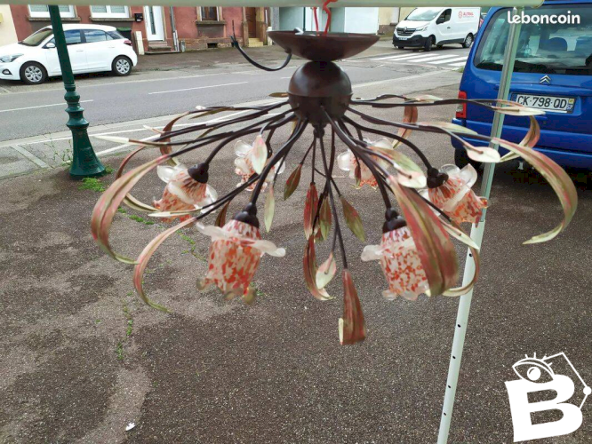 Lustre plafonnier rose fleurs verre soufflé floral