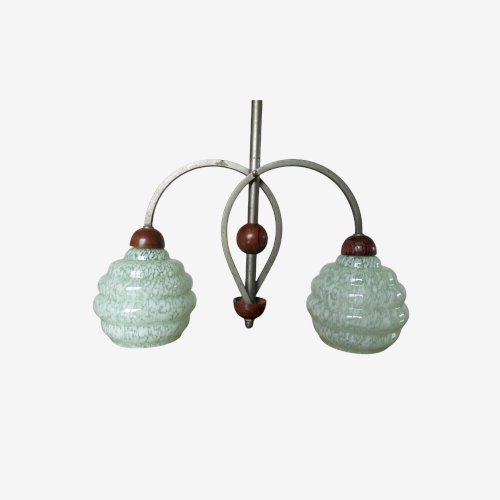 LUSTRE, SUSPENSION ART DECO VERRE DE CLICHY, BRONZE ARGENTE ET BOIS ANNEES 30 40