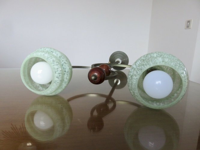 LUSTRE, SUSPENSION ART DECO VERRE DE CLICHY, BRONZE ARGENTE ET BOIS ANNEES 30 40