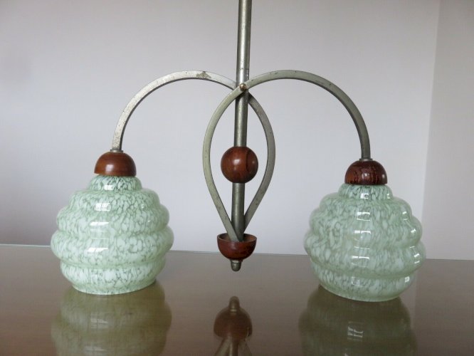 LUSTRE, SUSPENSION ART DECO VERRE DE CLICHY, BRONZE ARGENTE ET BOIS ANNEES 30 40