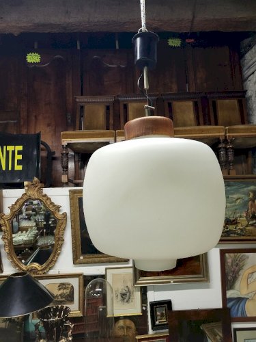 LUSTRE SUSPENSION EN OPALINE ET TECK REGGIANI 1960 N25