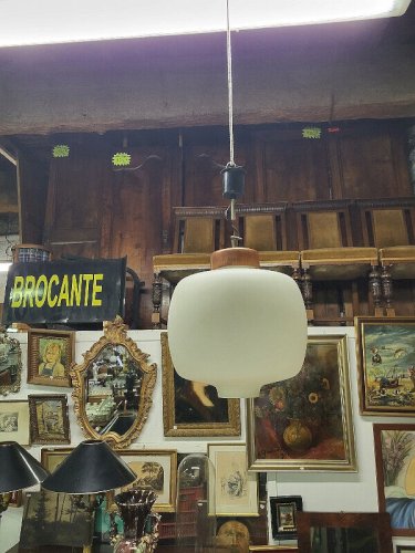 LUSTRE SUSPENSION EN OPALINE ET TECK REGGIANI 1960 N25