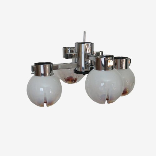 LUSTRE, SUSPENSION GAETANO SCIOLARI METAL CHROME ET VERRERIE DE MURANO ANNEES 70
