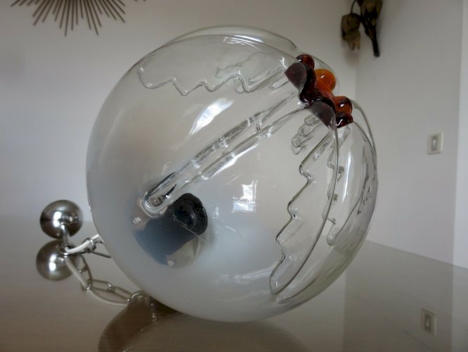 LUSTRE SUSPENSION  MAZZEGA  VERRE DE MURANO ET METAL CHROME ANNEES 70 VINTAGE