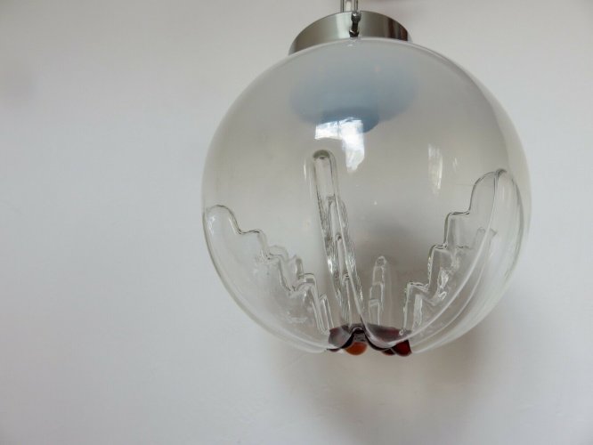LUSTRE SUSPENSION  MAZZEGA  VERRE DE MURANO ET METAL CHROME ANNEES 70 VINTAGE