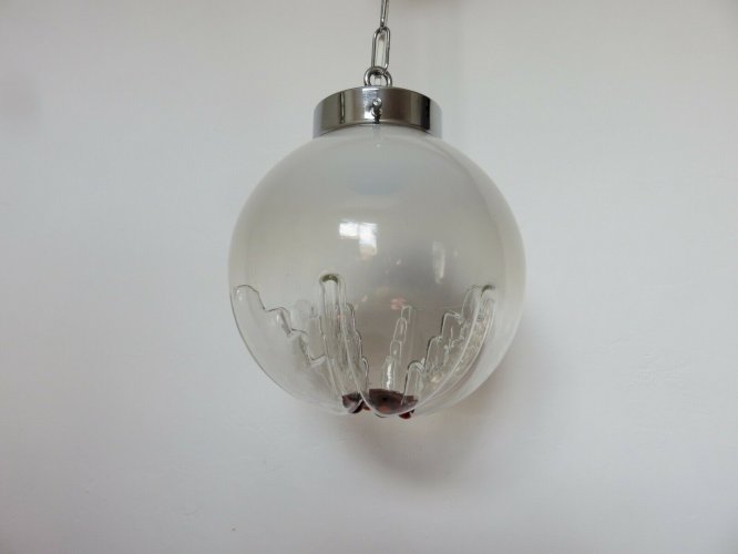 LUSTRE SUSPENSION  MAZZEGA  VERRE DE MURANO ET METAL CHROME ANNEES 70 VINTAGE