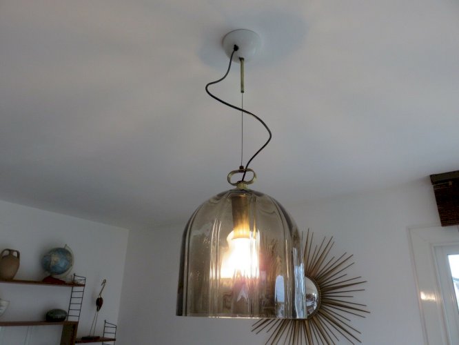 LUSTRE SUSPENSION  PEILL & PUTZLER  EN VERRE FUME AMBRE ANNEES 70