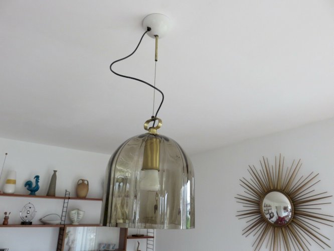 LUSTRE SUSPENSION  PEILL & PUTZLER  EN VERRE FUME AMBRE ANNEES 70