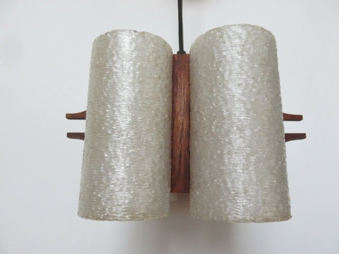 LUSTRE, SUSPENSION SCANDINAVE EN TECK ET PERSPEX 4 FEUX ANNEES 60 70 VINTAGE 