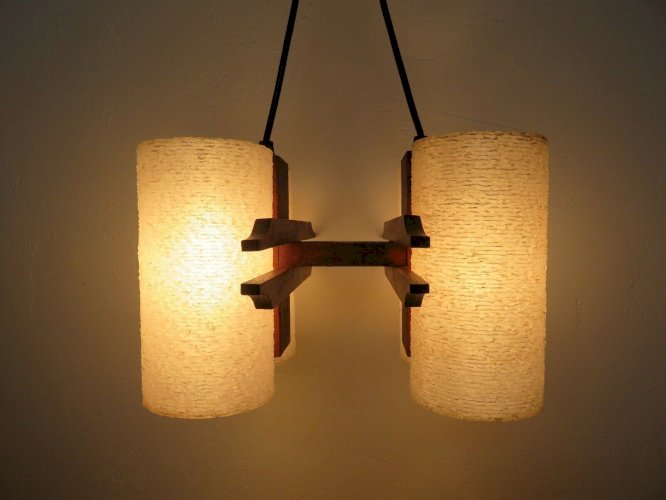 LUSTRE, SUSPENSION SCANDINAVE EN TECK ET PERSPEX 4 FEUX ANNEES 60 70 VINTAGE 