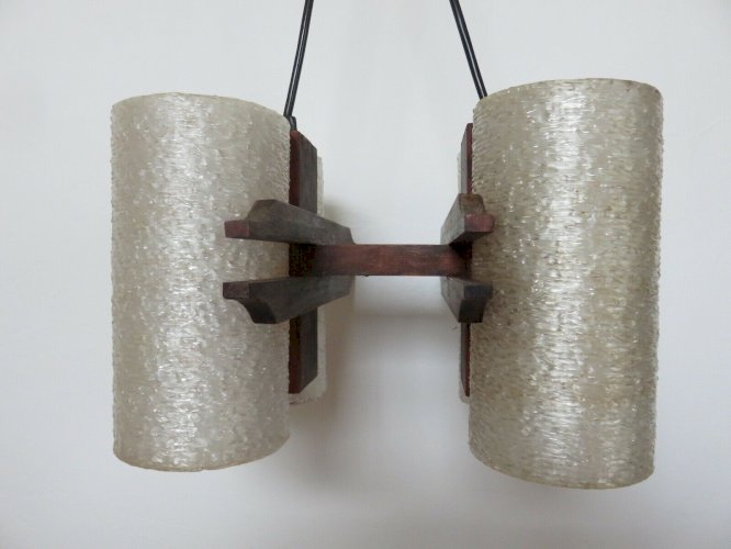 LUSTRE, SUSPENSION SCANDINAVE EN TECK ET PERSPEX 4 FEUX ANNEES 60 70 VINTAGE 