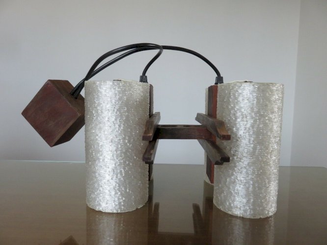 LUSTRE, SUSPENSION SCANDINAVE EN TECK ET PERSPEX 4 FEUX ANNEES 60 70 VINTAGE 