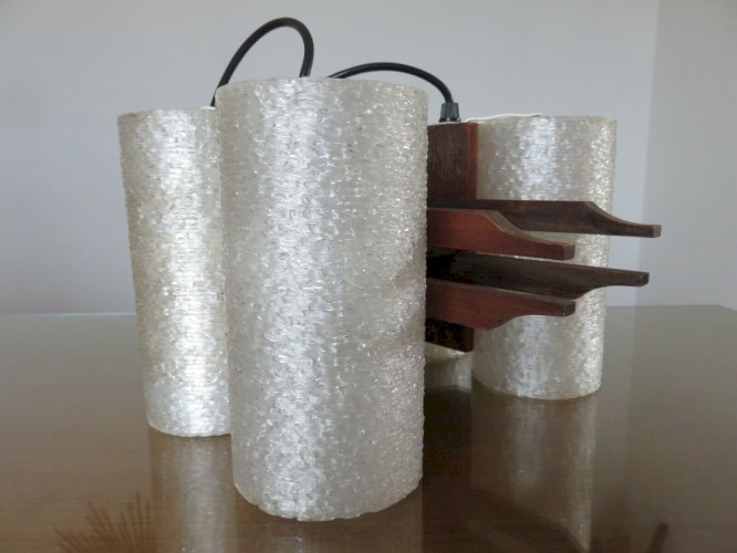 LUSTRE, SUSPENSION SCANDINAVE EN TECK ET PERSPEX 4 FEUX ANNEES 60 70 VINTAGE 