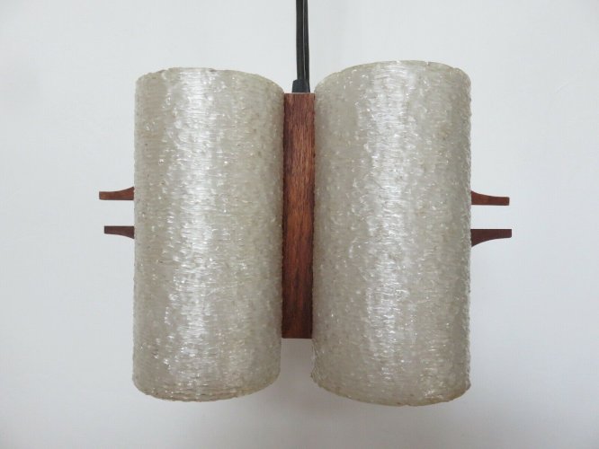 LUSTRE, SUSPENSION SCANDINAVE EN TECK ET PERSPEX 4 FEUX ANNEES 60 70 VINTAGE 