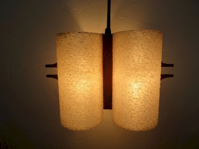 LUSTRE, SUSPENSION SCANDINAVE EN TECK ET PERSPEX 4 FEUX ANNEES 60 70 VINTAGE 